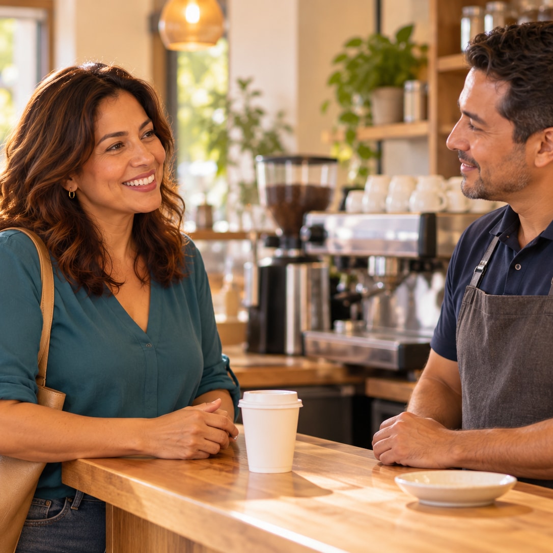 Woman confidently chatting with a cafe employee