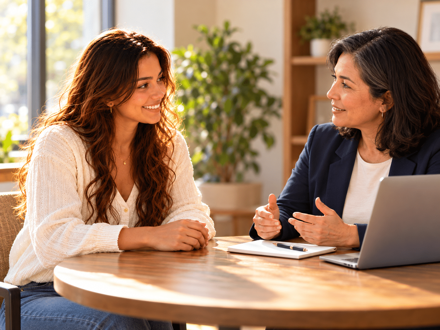 Young woman exploring English study options in Dallas, Texas with an advisor. They're sitting in a well lit office at a table, smiling and talking.